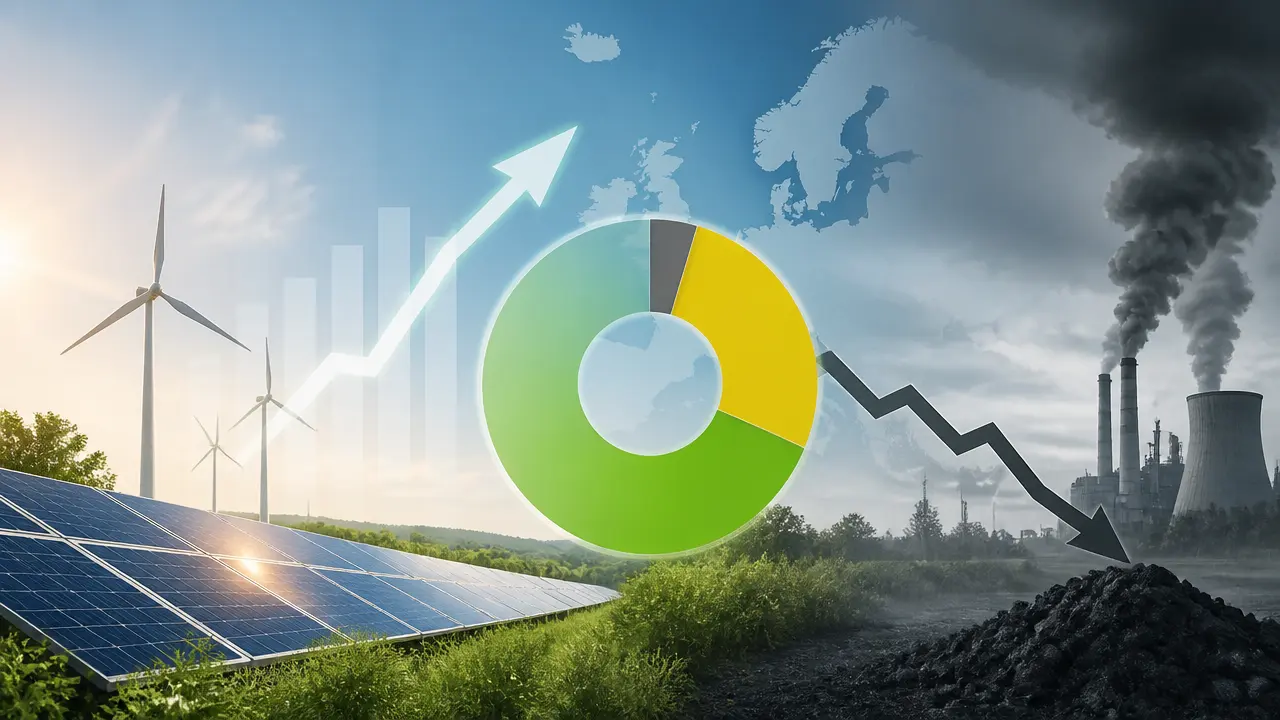 Ilustracja do artykułu: Ponad połowa energii elektrycznej w UE pochodzi z odnawialnych źródeł, udział węgla spada